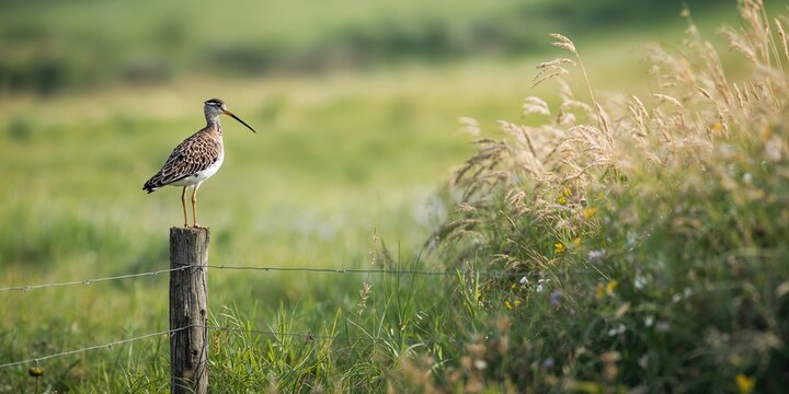 Close-up of a curlew standing on a fence post in rural farmland environment, facing left, species decline, IUCN red list