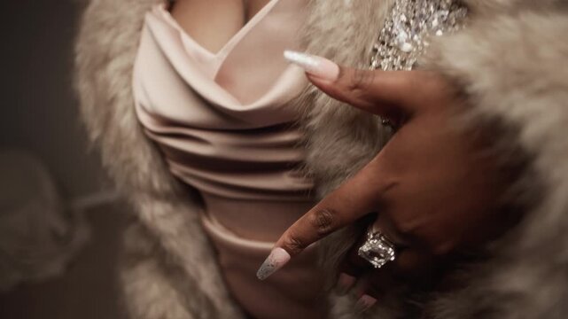 Tilt up shot of stylish African American woman dressed in faux fur coat and accessories demonstrating rhinestone ring, matching earrings and head chain while posing in studio, slow motion