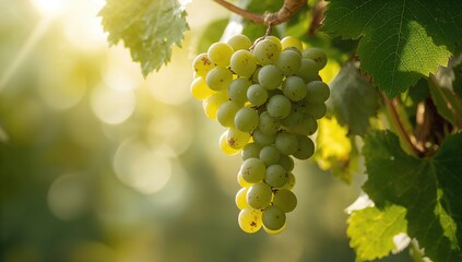 Cluster of grapes bathed in sunlight, suitable for agricultural scene backgrounds or wine production themes