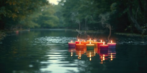Colorful floating candles on a river serving as offerings for spiritual ceremonies or rituals