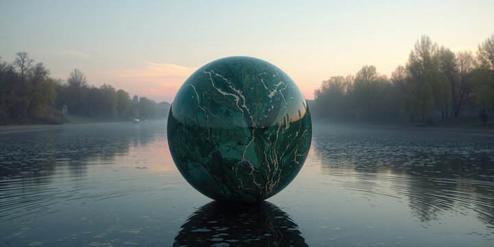 Decorative marble ball positioned alongside a river during sunset, emphasizing landscape art