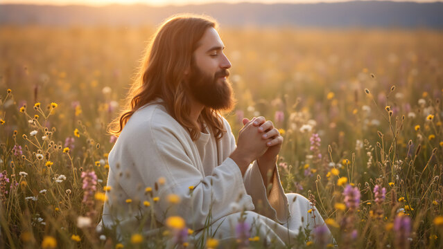 Jesus Christ praying in a field of flowers at sunset. Religious man with beard and long hair kneeling in meadow during golden hour. Christian spirituality and faith concept. Easter background