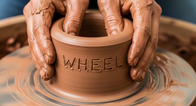 Hands shaping clay on a pottery wheel with the word wheel inscribed