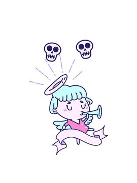 spinning skulls animation of scroll banner with tattoo style angel blowing trumpet