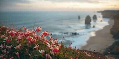 Cliffside with white and green flowers facing the ocean, highlighting erosion risk during spring