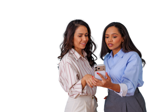 Businesswomen colleagues discussing new information, checking smartphone content, collaborating on digital project, transparent background - Powered by Adobe