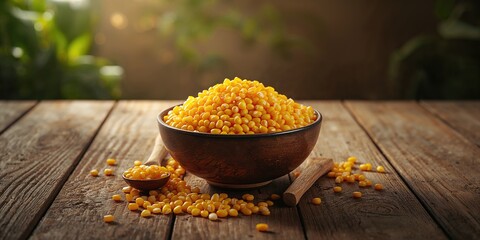Boiled corn grains served in a bowl on a rustic wooden table, ideal for culinary display or food styling
