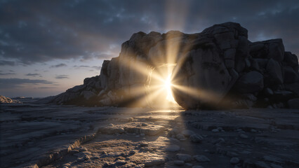 Sunburst shining through a natural rock arch at sunset. Dramatic landscape with light rays and moody sky. Spiritual hope concept