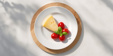 Cheese slice with cherry tomatoes on a plate, served as a simple meal, World Food Day