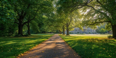 Obraz premium Lush tree-lined walkway offering ground cover shade, suitable for outdoor activity, Earth Day