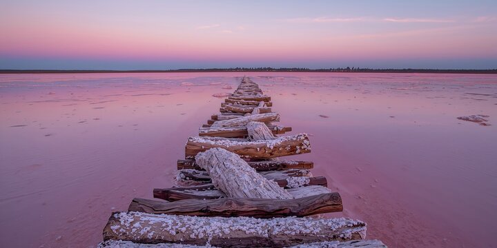 Pink water container with wooden bars coated in salt, resembling a Mars terrain, mineral deposits and surface texture