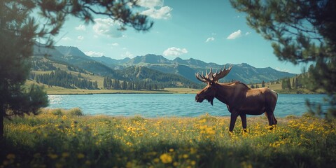 Wild moose feeding among alpine scenery at Brainard Lake, highlighting mountain ecosystem conservation