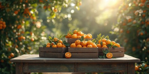 Wooden crates containing orange produce in an outdoor orange grove, highlighting seasonal gathering