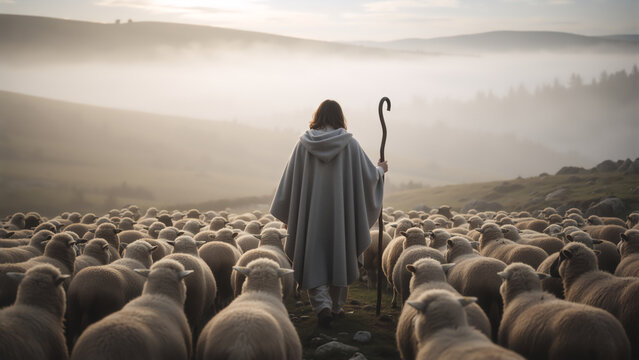 Shepherd leading a large flock of sheep in a foggy landscape. Rear view of a figure in a grey cloak holding a wooden staff. Biblical concept of the Good Shepherd and guidance