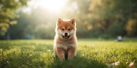 Obraz premium Adorable Shiba Inu puppy with fox-like features in a playful stance, highlighting breed traits
