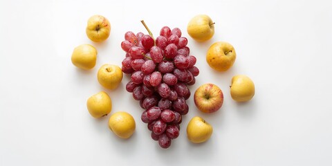 Full-depth image of red grapes and yellow apples on a white backdrop, ideal for dietary content, World Nutrition Day