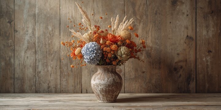 Dried floral arrangement in a weathered wooden setting, ideal for nature-themed backgrounds