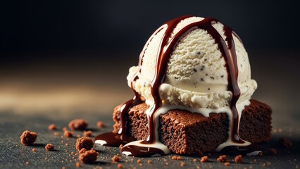 Delicious chocolate brownie with vanilla ice cream and chocolate sauce