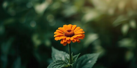 Small orange zinnia flower with 12 petals, used as a floral accent in garden design, summer seasonal theme