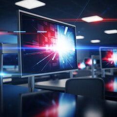 A calm outdoor scene showing green fields under a bright blue sky with soft clouds