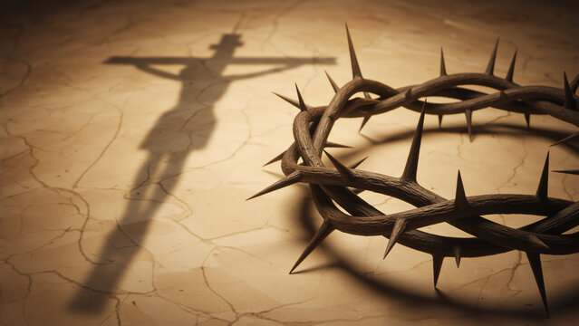 Crown of thorns with the shadow of Jesus on the cross. Christian symbol of sacrifice and the crucifixion. Easter and Good Friday faith concept