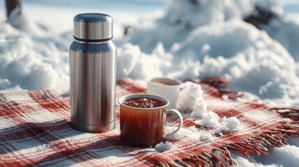 Thermos bottle and hot drink in a mug on a red plaid blanket in a snowy winter landscape