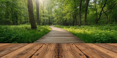 Fototapeta premium Wooden walkway over natural terrain, erosion prevention and maintenance practices