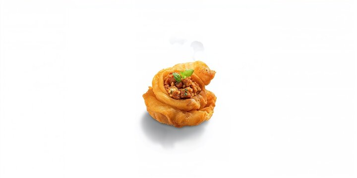 Sosis Solo, Indonesian savory snack featuring a golden outer layer and spicy filling, displayed against a plain white backdrop, typical street food presentation