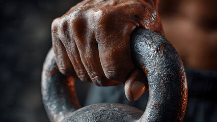 Ultra-realistic image of kettlebell handle gripped tightly during carry exercise