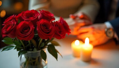 Romantic Candlelit Dinner &ndash; Hands Holding Over Roses, Petals, and Intimate Celebration Setting