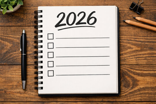 Notizbuch auf Holztisch mit Text 2026, Vors&auml;tze, Ziele und To-Do-Liste f&uuml;r das neue Jahr