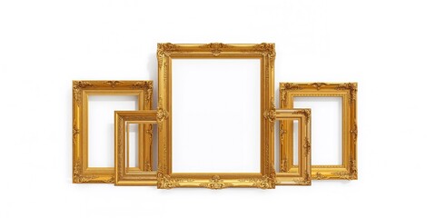 Collection of gold-colored picture frames displayed together, suitable for home decor or artistic presentations