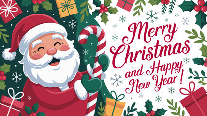Christmas vector illustration featuring Santa Claus. Merry Christmas and happy new year with Santa Claus. Holiday cartoon character Santa for banner, poster seasonal design. Xmas card with Santa Claus