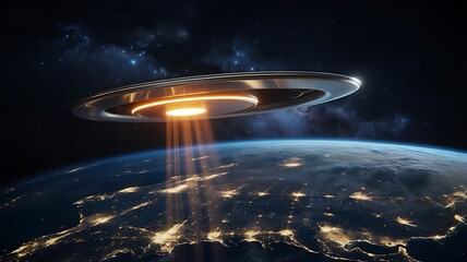 Futuristic UFO Above Earth &ndash; Sci-Fi Spacecraft with Beam of Light and Galactic Night Scene