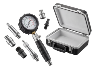 Diesel compression tester kit with adapters for diverse vehicles in fleet maintenance.