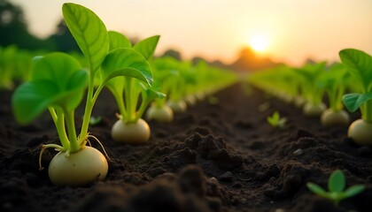 Cultivated Agricultural Field &ndash; Young Green Plants Growing in Rich Soil with Golden Sunlight