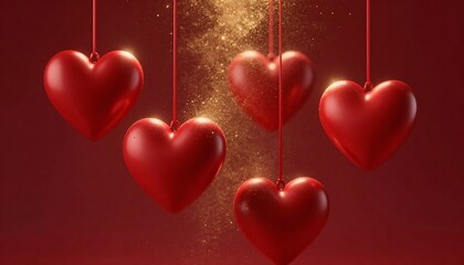 Valentine&rsquo;s Day Heart Ornaments &ndash; Red Glossy Decorations with Golden Sparkle on Romantic Background