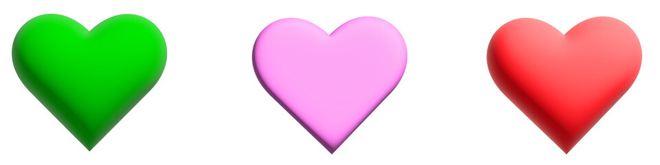 Three colorful heart shapes isolated on transparent background