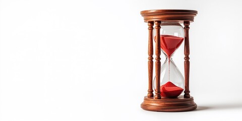 Close-up of a vintage hourglass with red sand, serving as a symbol of timekeeping accuracy