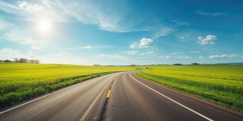 Fototapeta premium Sunny spring day with a road view outdoors, highlighting seasonal transition and urban infrastructure