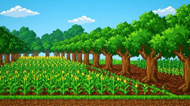 Pixelated illustration of a vibrant farm field with lush trees, crops, and a bright blue sky