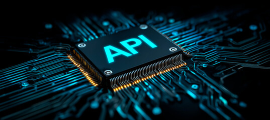 API technology integration concept in circuit board background. Concept of software development and digital innovation