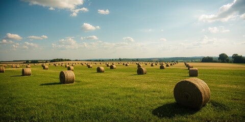 Naklejka premium Rural landscape during daytime featuring low clouds, cut grass, and rolled hay bales for fodder, seasonal farming practice