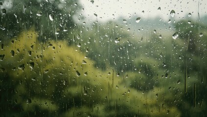 Obraz premium Rainfall during summer observed through a window, highlighting weather conditions