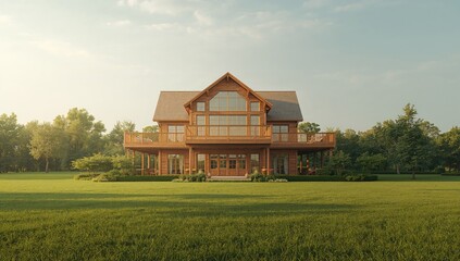 Obraz premium Exterior of a wooden home featuring an elegant window, highlighting traditional architecture and natural surroundings