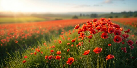 Naklejka premium Poppy flowers in a spring landscape illustrating seasonal bloom and natural renewal, spring floral scenery