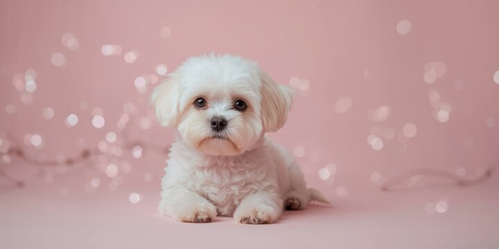 White lap dog resting quietly on a person's knees, focusing on domestic pet relaxation, World Animal Day