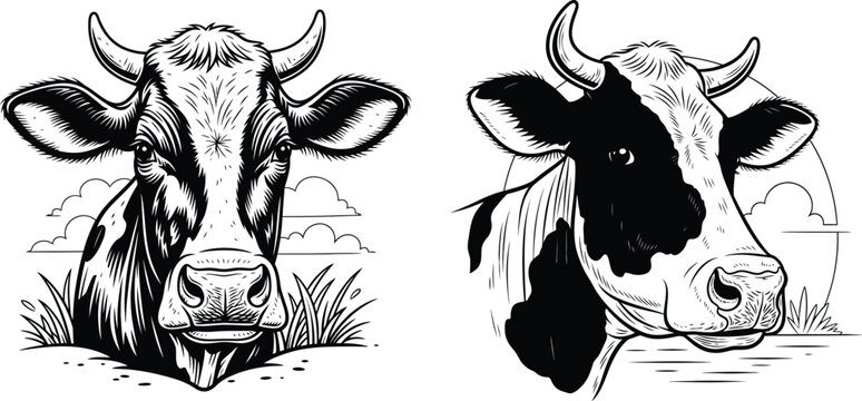 Black and white illustration of two cow heads with farm meadow, etching style