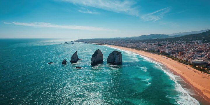 Drone shot of North Morocco's Tangier shoreline featuring Achakar rocks and ocean, highlighting erosion concerns