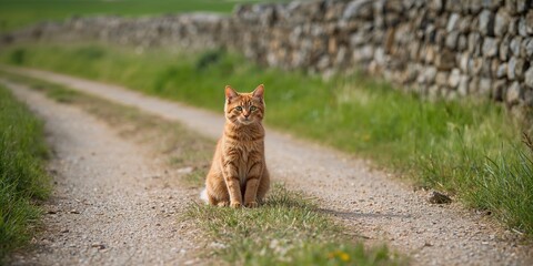 A cat seated on a gravel pathway with a stone fence in the background, outdoor environment for pet safety awareness